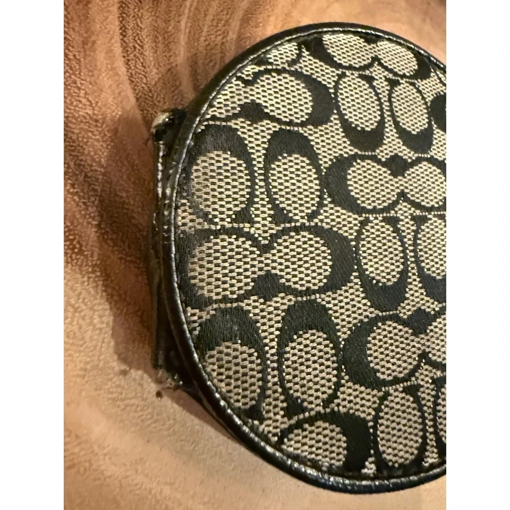 Vintage Coach Round Monogram Black Canvas Compact Double Folding Mirror Rare